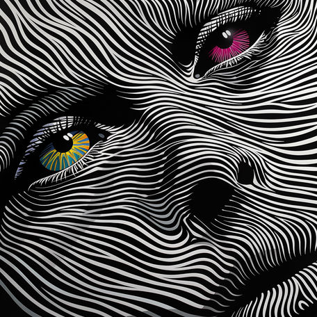 Colorful Gaze Amidst Monochrome Waves