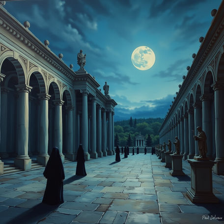 City Square at Dusk Inspired by Paul Delvaux Style