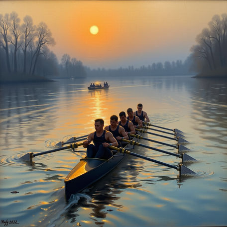 Rowers on a Calm River Inspired by Thomas Eakins Style
